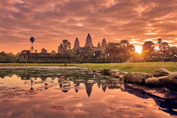 The UNESCO-listed Angkor Wat ancient temples at sunrise.