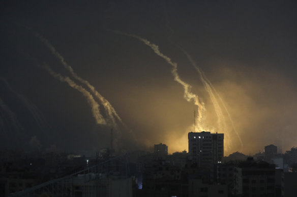 Smoke and explosions caused by Israeli bombardment are seen on the horizon in northern Gaza.