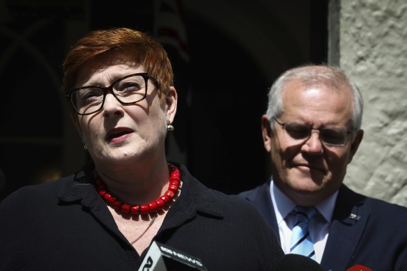 Foreign Minister Marise Payne speaking to the media earlier this year with Prime Minister Scott Morrison.
