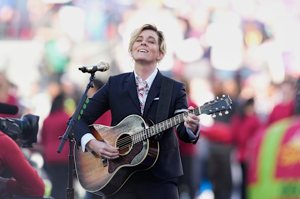Brandi Carlile performs America the Beautiful before the Super Bowl.