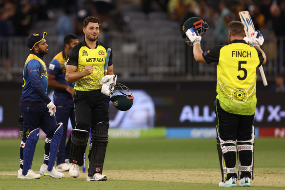 Marcus Stoinis and Aaron Finch after Australia’s win over Sri Lanka.