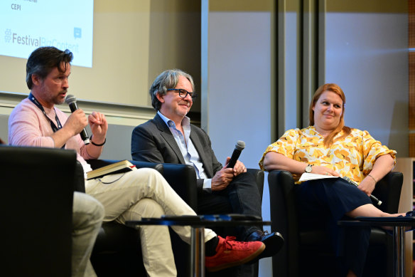 American television producer Frank Spotnitz (centre) on a panel at the 62nd annual Monte-Carlo Television Festival with Norwegian academic Leif Holst Jensen (left) and moderator Mathilde Fiquet (right).