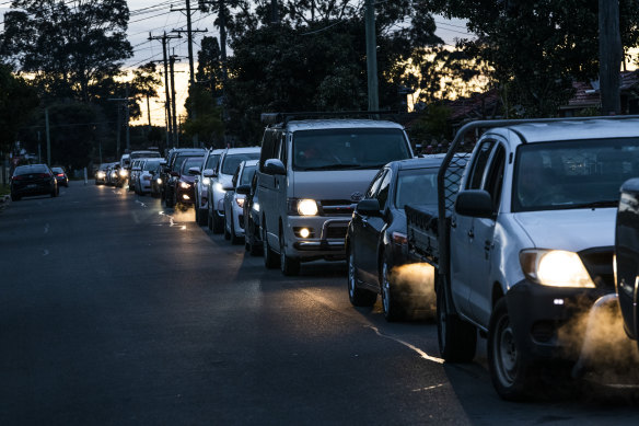 Long queues at the 24-hour COVID-19 testing drive-through clinic at Fairfield on Wednesday.