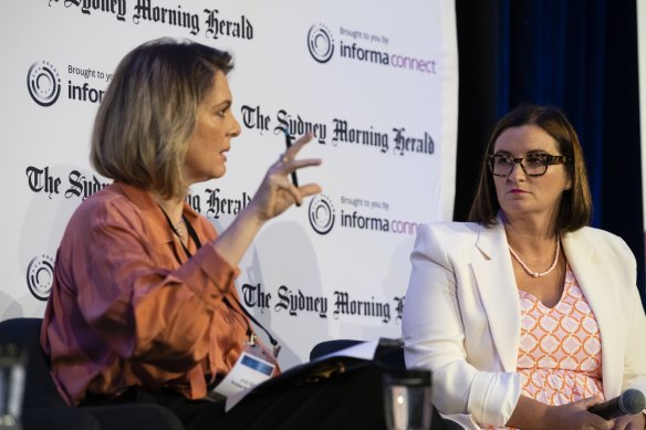 Minister for Education and Early Childhood Learning, Sarah Mitchell, and the Herald’s Education Editor, Jordan Baker, at the Schools Summit.