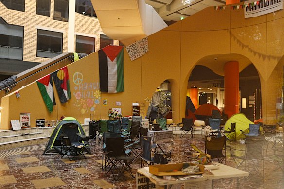 The Melbourne University pro-Palestine encampment inside the Arts West building last year.