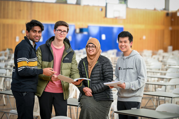 Box Hill High School year 12 students (from left) Prem Chanumalla, Brendan Hayes, Suha Shahzad and Felix Sun sat the GAT on Wednesday.