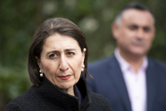 NSW Premier Gladys Berejiklian and Deputy Premier John Barilaro at a media conference on Friday.