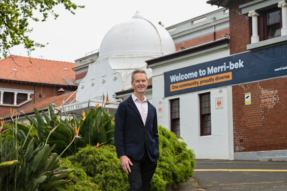 Merri-bek Mayor Mark Riley at Coburg Town Hall on the day the council changed its name.