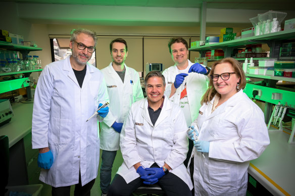 Andrew Pask, centre, with team members Stephen Frankenberg, Axel Newton, Brandon Menzies and Jennifer Hutchison.