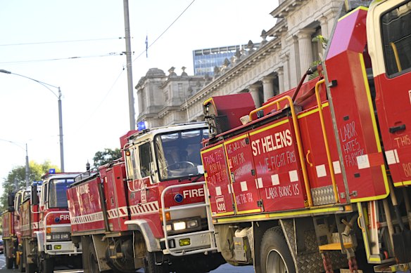 Fire trucks outside state parliament in Melbourne on May 20.