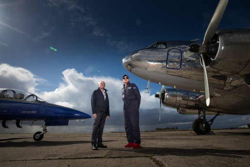 Field of dreams: The father and son team at Essendon Fields Airport with their vintage DC-3  airliner (right) and their L39 Albatros jet trainer. 