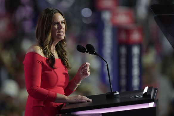 Arkansas Governor Sarah Huckabee Sanders speaks during the Republican National Convention.