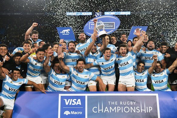 Los Pumas celebrate their historic victory over the All Blacks in Buenos Aires last month.