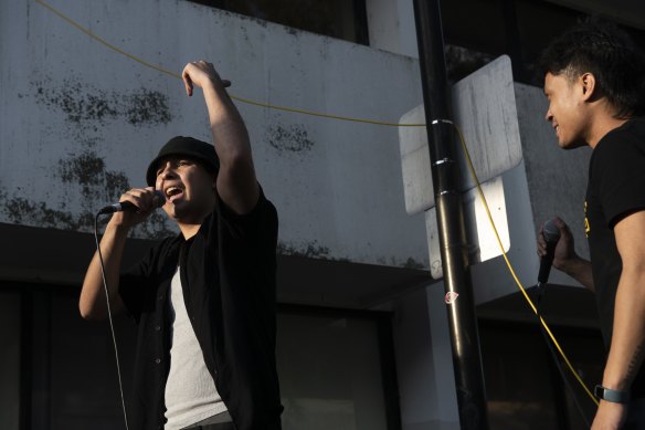 Rappers Lgxcy and Esky performing at Street University’s first block party since the pandemic began. 
