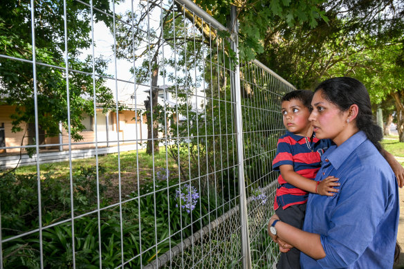 Mansavi Patel and her three-year-old son, Tej, outside the proposed new childcare centre in Mernda, which Whittlesea Council sought to block.