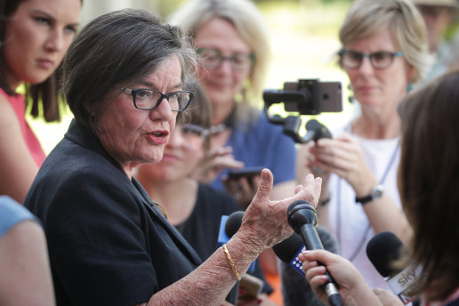 Former independent MP Cathy McGowan campaigning for Helen Haines in Indi in 2019.