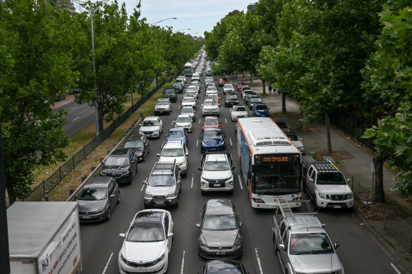 A bus navigates peak hour traffic on Hoddle Street on Tuesday,