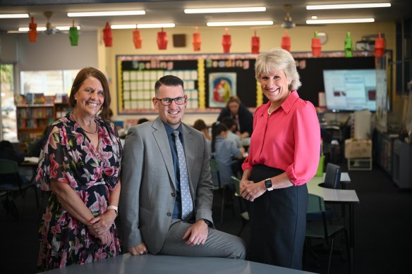 The three principals (from left): Anne Maree Jones of St Timothy’s Primary School, Steve Evans of Holy Saviour Parish Primary School and Karen Jebb of  Emmaus Secondary College.