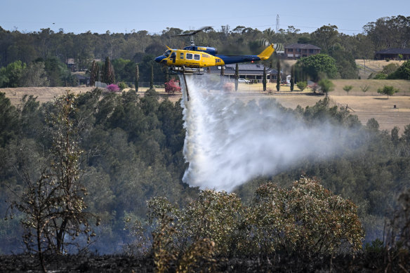 A water-bombing helicopter fights the blaze at Orchard Hills, Sydney, on Wednesday afternoon.