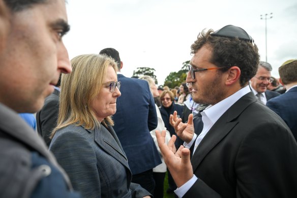 Victorian Premier Jacinta Allan with Rabbi Gabi Kaltmann as the Victorian Jewish community holds a vigil at Caulfield Park in solidarity with the people of Israel.