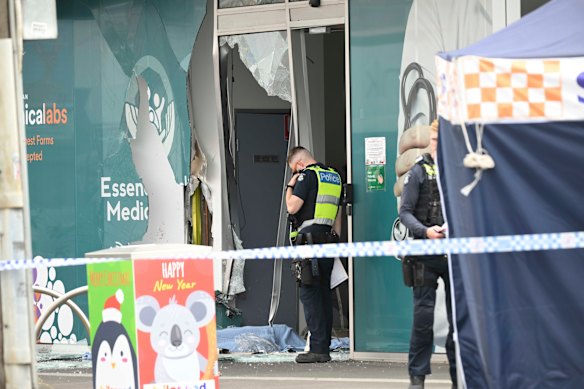 Police officers outside the Niddrie medical centre after Monday’s crash.