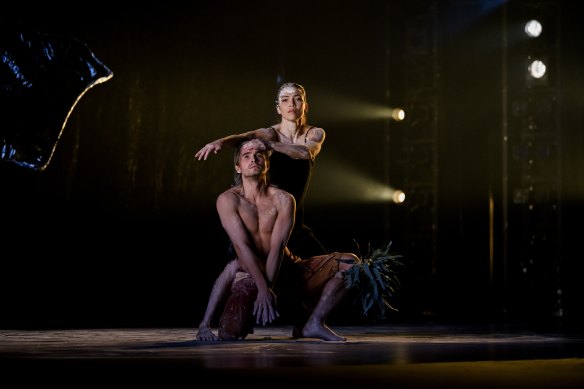Bangarra dancers Rika Hamaguchi and Baden Hitchcock. Bangarra’s latest performance Sandsong was created in consultation with Wangkajunga/Walmajarri Elders from the Kimberley and Great Sandy desert.