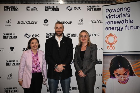 Minister Lily D’Ambrosio, Atlassian chief executive Mike Cannon-Brookes and Victorian Premier Jacinta Allan at the SEC announcement.