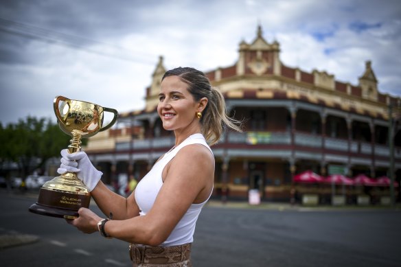 New Melbourne Cup Carnival ambassador Michelle Payne during the famous trophy’s tour of Rochester.