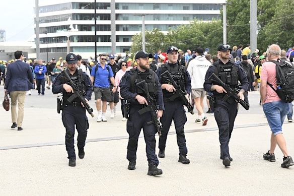 Heavily armed CIRT police on patrol outside the MCG on Boxing Day.