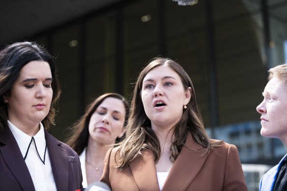 Brittany Higgins speaks to the media after the first trial was aborted. 