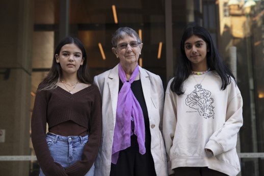 Sister Brigid Arthur (centre) joined Izzy Raj-Seppings and Anj Sharma outside court in March before the verdict on a climate case brought by a group of eight children.