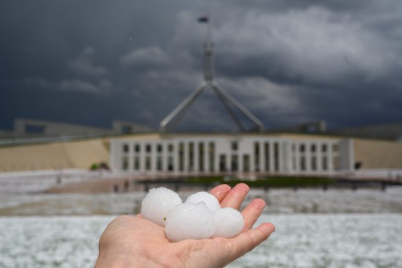 Golf ball-sized hail hits Parliament House in Canberra in 2020.