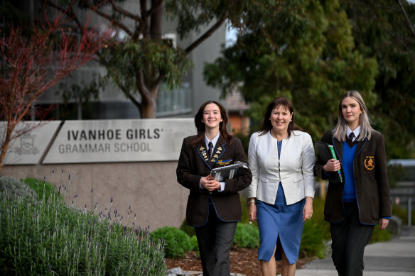 Ivanhoe Girls Grammar principal Deborah Priest with year 12 students Margo Joseph (left) and Greta Fuhr.