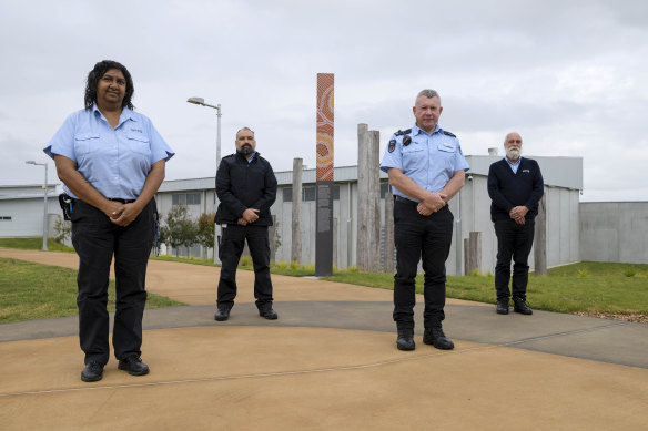 Aboriginal cultural and religious advisers Lisa Laurie and Shayne Rawson (far right) with correctional supervisor Damian Beetson and general manager Glen Scholes at the Clarence Correctional Centre.