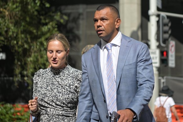 Kurtley Beale outside court with his wife Maddi Beale.