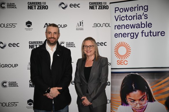 Victorian Premier Jacinta Allan with Atlassian’s Mike Cannon-Brookes on  announcing the SEC has been registered with ASIC.