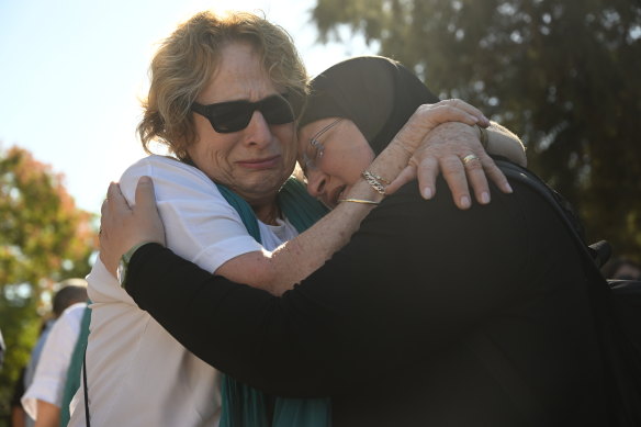 Mourners grieve for peace activist Vivian Silver, 74, who was killed during the October 7 Hamas attack on kibbutz Be’eri, during a memorial service last month.