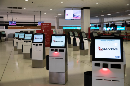 An empty check-in area at Sydney International Airport on Wednesday as the LGA lockdown took effect.
