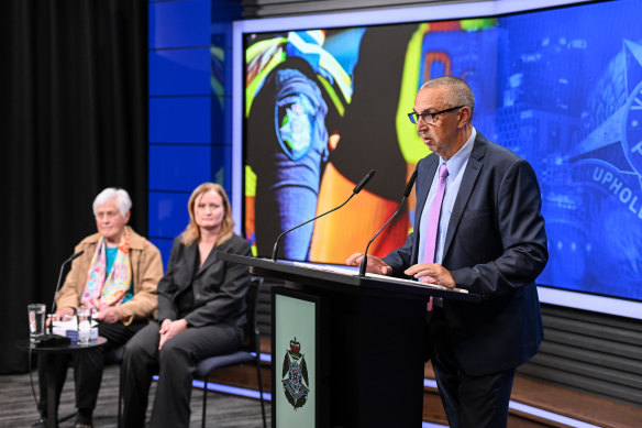 Missing persons squad’s Tony Combridge announces a million-dollar reward to find Cherie Westell, alongside foster mum, Frances (left) and foster sister Marg (right).