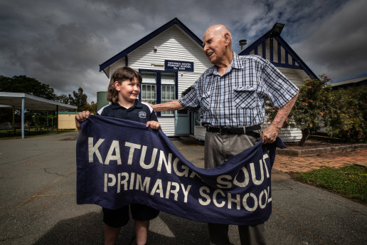 School’s out forever: Wyatt Hendy-Smith and his great-grandfather Keith Hendy, who have both attended Katunga South Primary School. 