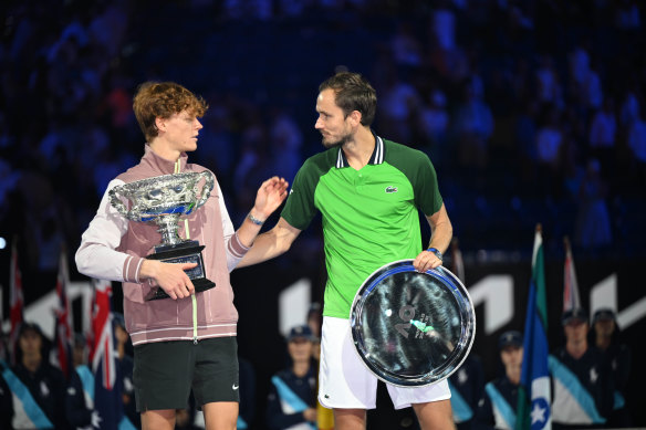 Jannik Sinner and Daniil Medvedev show their respect for each other after their five-set final.