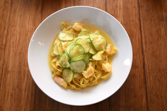 Saffron tagliatelle with prawns, white zucchini and finger lime butter at Cicciolina St Kilda.