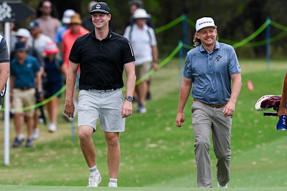 Steve Smith played golf with Cameron Smith (right) in the LIV Golf pro-am in Adelaide on Wednesday.