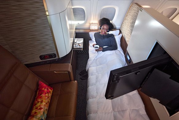 An Etihad first-class lie-flat seat.