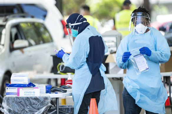 A COVID-19 drive-through testing clinic at Fairfield Showground.