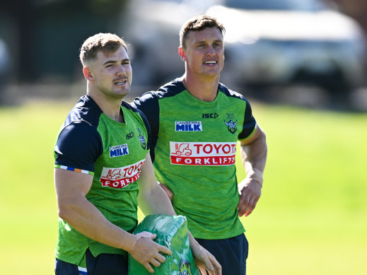 All good in the hood: Hudson Young and Jack Wighton at training on Thursday