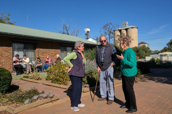 Hazel and Alan Boxall, with Joy Mitchell, are residents of the Woomelang retirement units, among social housing projects built by Yarriambiack Shire. 