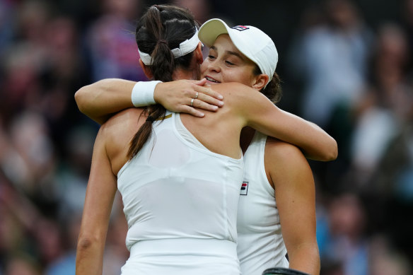 The Australians embraced on Centre Court after their quarter-final.