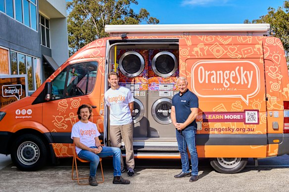 From left: Orange Sky co-founders Nic Marchesi and Lucas Patchett with Allianz Australia managing director Richard Feledy. 