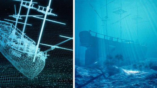 A digital illustration of Lieutenant James Cook’s vessel the Endeavour, compared to an old sketch of the ship.